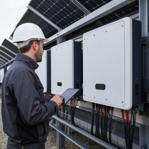 Technicien devant des onduleurs solaires modernes dans une installation photovoltaïque européenne