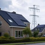 Maison équipée de panneaux solaires dans un quartier résidentiel avec lignes électriques en arrière-plan