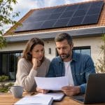 Couple examinant un devis de panneaux solaires devant une maison équipée