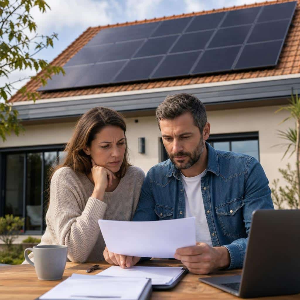 Couple examinant un devis de panneaux solaires devant une maison équipée