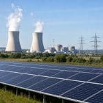 Paysage énergétique français mêlant panneaux solaires au premier plan et centrale au loin