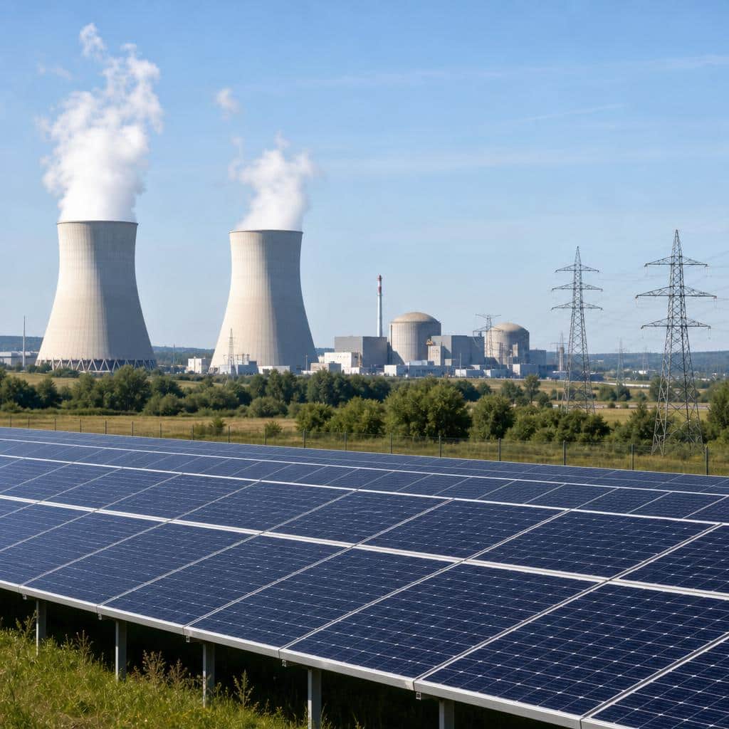 Paysage énergétique français mêlant panneaux solaires au premier plan et centrale au loin