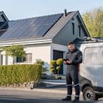 Maison individuelle dans le Grand Est avec panneaux solaires et technicien préparant une visite