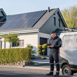Maison individuelle dans le Grand Est avec panneaux solaires et technicien préparant une visite