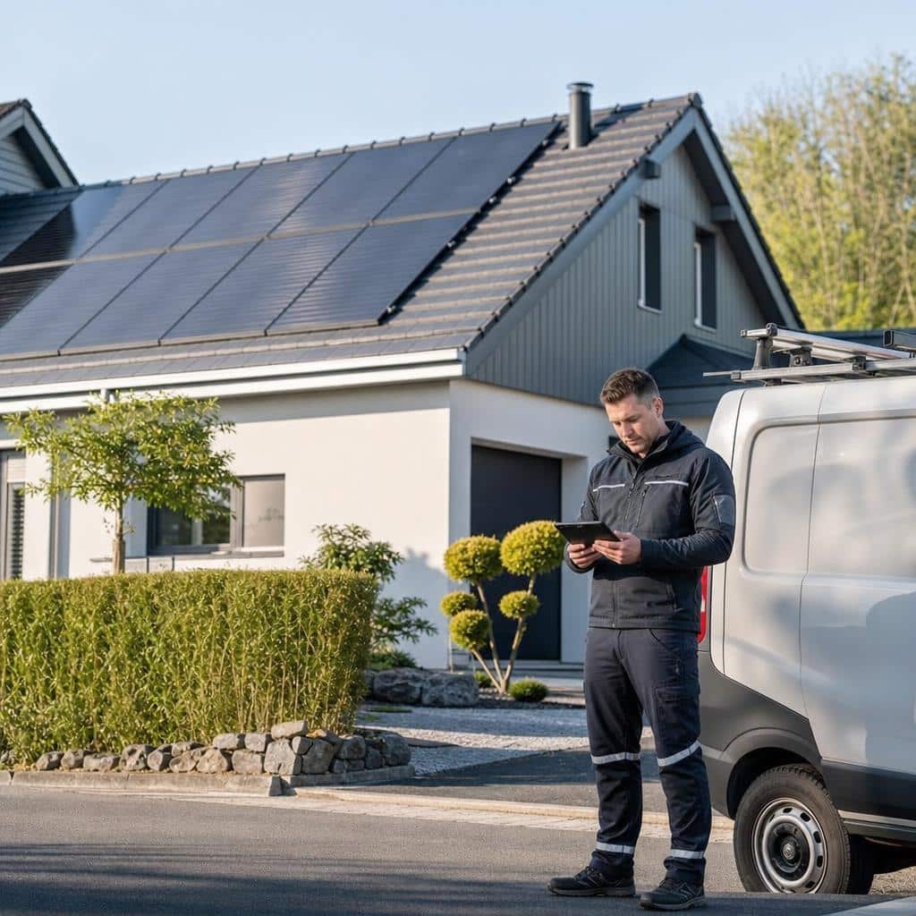 Maison individuelle dans le Grand Est avec panneaux solaires et technicien préparant une visite