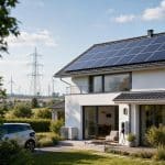 Maison moderne avec panneaux solaires et courbe électrique en arrière-plan