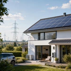 Maison moderne avec panneaux solaires et courbe électrique en arrière-plan