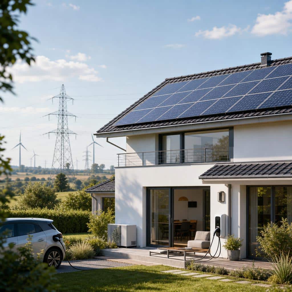 Maison moderne avec panneaux solaires et courbe électrique en arrière-plan
