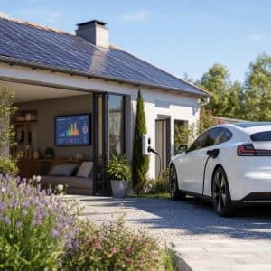 Maison avec panneaux solaires, voiture électrique en charge et graphique de prix suggéré en arrière-plan