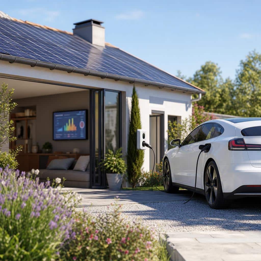 Maison avec panneaux solaires, voiture électrique en charge et graphique de prix suggéré en arrière-plan
