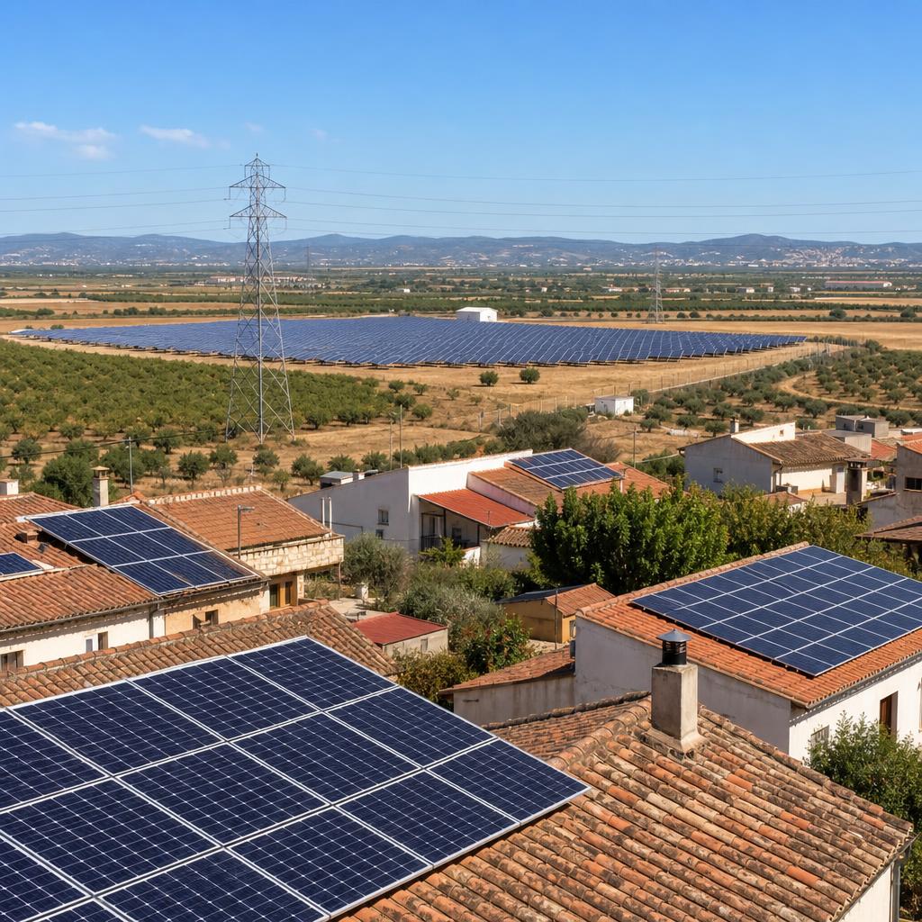 Toitures solaires et pylônes électriques sous un fort soleil de midi dans un paysage espagnol