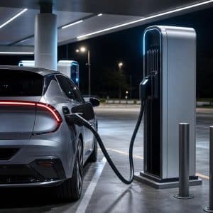 Voiture électrique branchée sur une borne de recharge très puissante