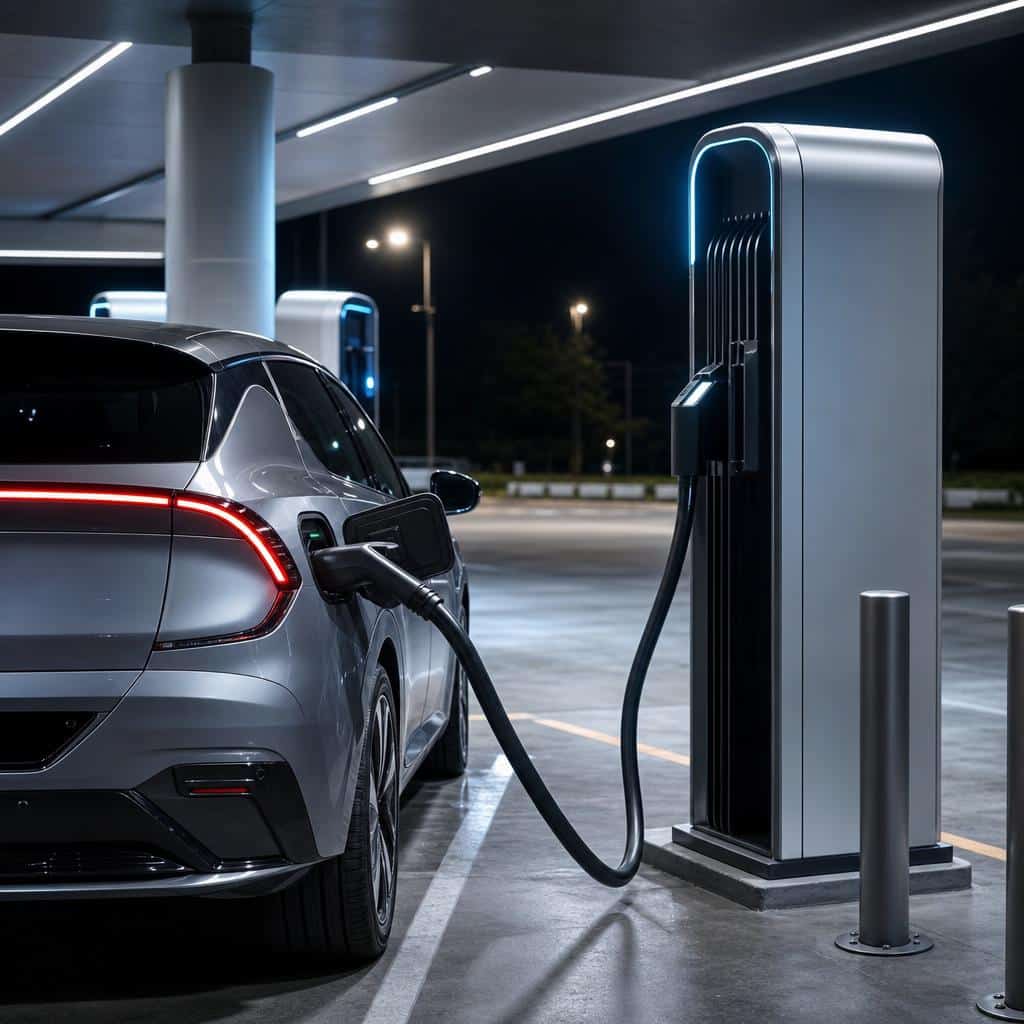 Voiture électrique branchée sur une borne de recharge très puissante