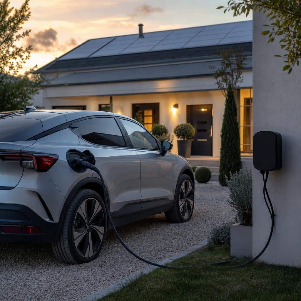 Voiture électrique branchée devant une maison équipée de panneaux solaires avec ambiance de fin de journée
