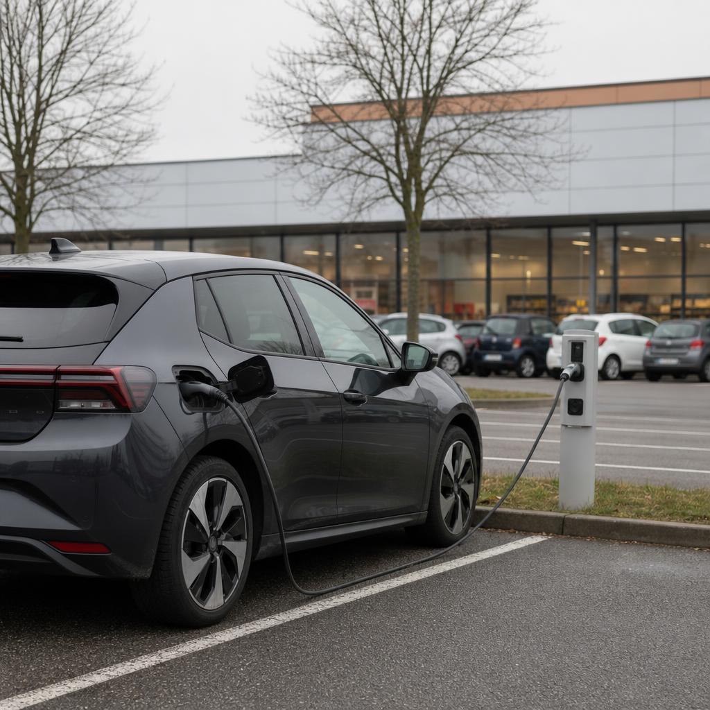 Voiture électrique garée près d’un supermarché avec un point de recharge discret en arrière-plan