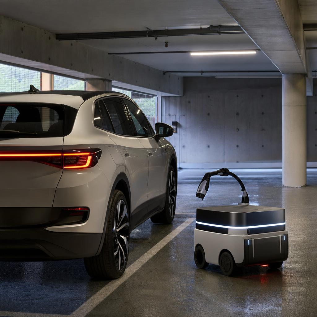 Voiture électrique garée dans un parking pendant qu’un robot de recharge s’approche
