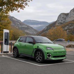 Renault 5 électrique stationnée pendant une pause de recharge sur un trajet longue distance