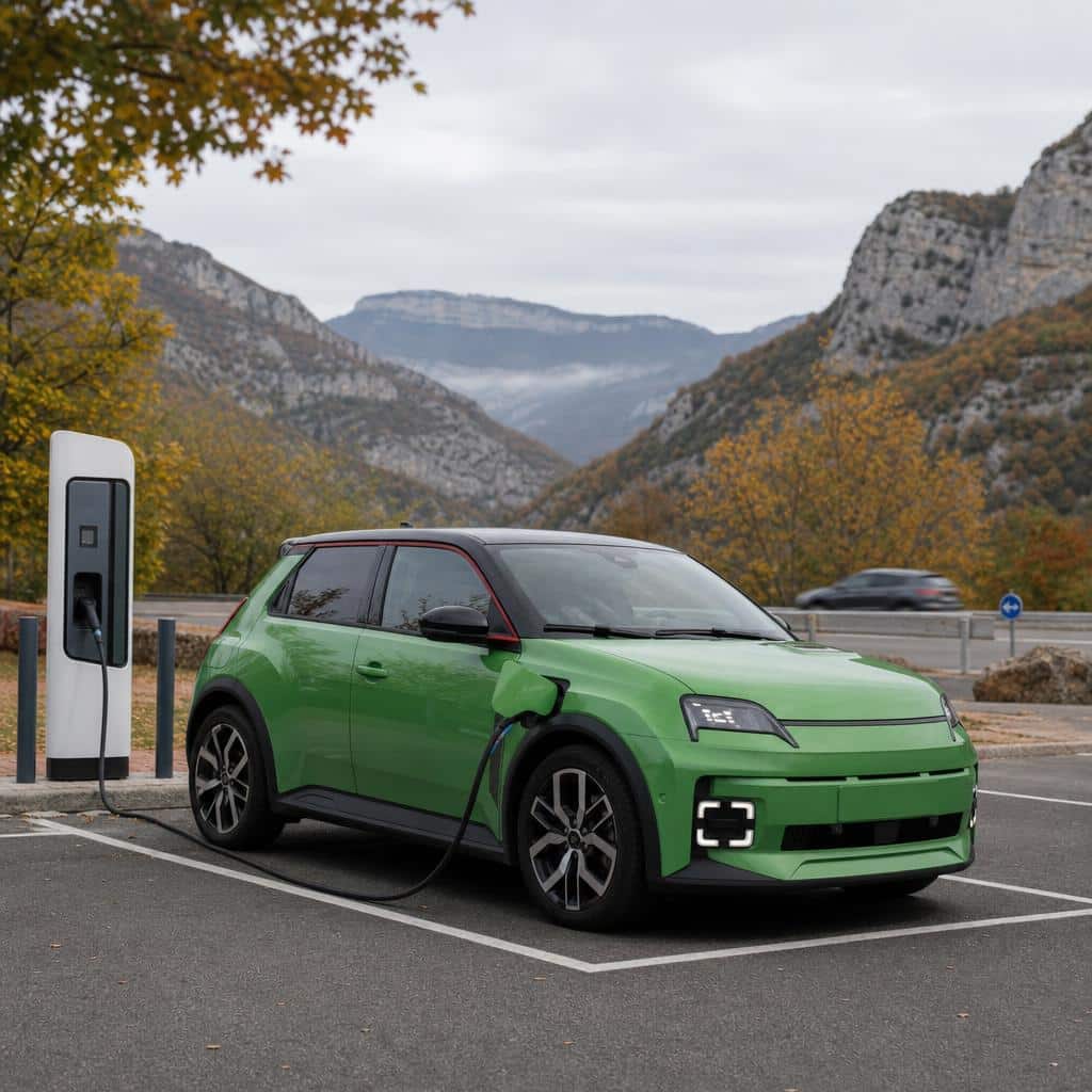 Renault 5 électrique stationnée pendant une pause de recharge sur un trajet longue distance