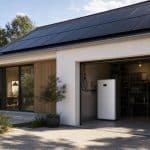 Maison équipée de panneaux solaires avec une batterie domestique discrètement intégrée