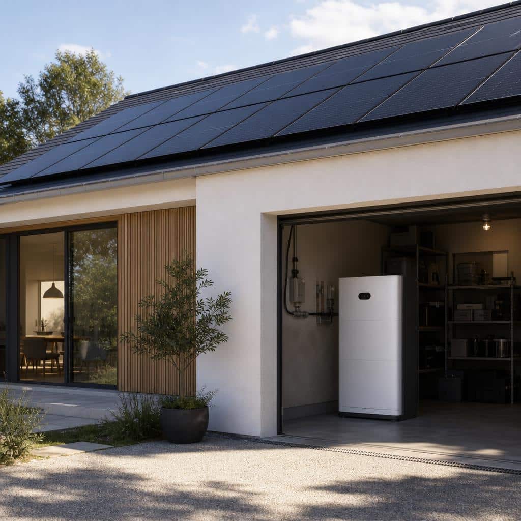 Maison équipée de panneaux solaires avec une batterie domestique discrètement intégrée