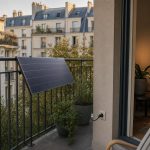 Petit kit solaire sur un balcon urbain avec prise domestique et vue sur des immeubles