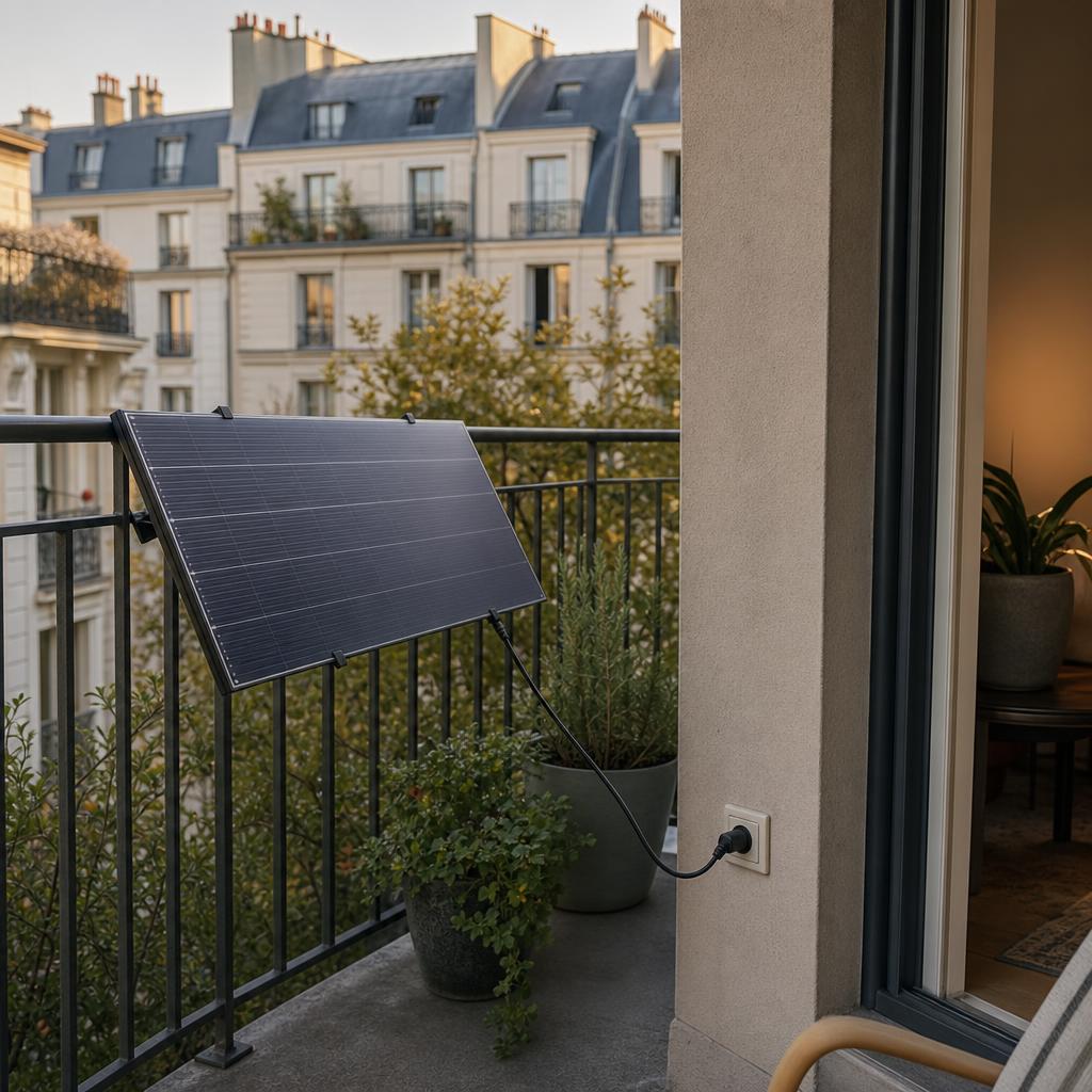 Petit kit solaire sur un balcon urbain avec prise domestique et vue sur des immeubles