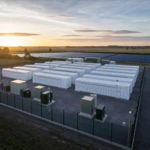 Conteneurs de batteries près d’une installation solaire avec lignes électriques en arrière-plan