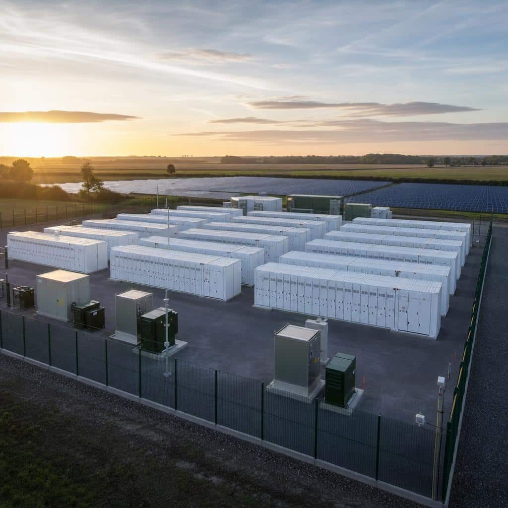 Conteneurs de batteries près d’une installation solaire avec lignes électriques en arrière-plan