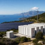 Paysage corse avec panneaux solaires et infrastructure de stockage d'électricité