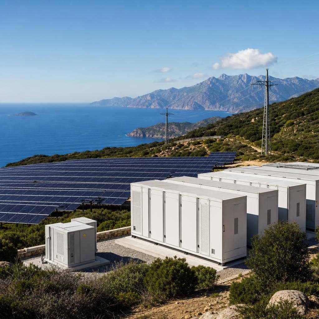 Paysage corse avec panneaux solaires et infrastructure de stockage d'électricité