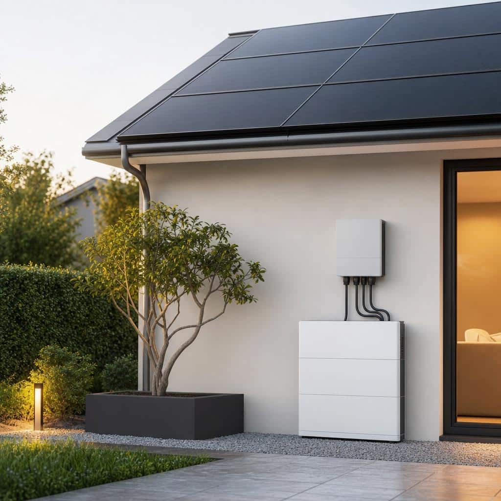 Batterie domestique reliée à des panneaux solaires dans une installation moderne