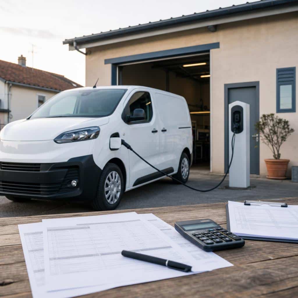 Utilitaire électrique blanc branché à une borne devant un atelier avec documents de calcul de coûts