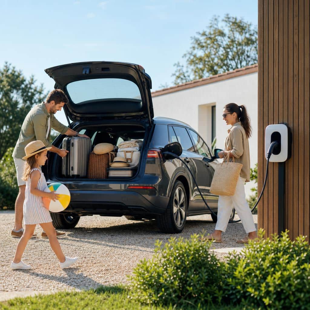Famille préparant un départ en vacances avec une voiture électrique branchée près de la maison