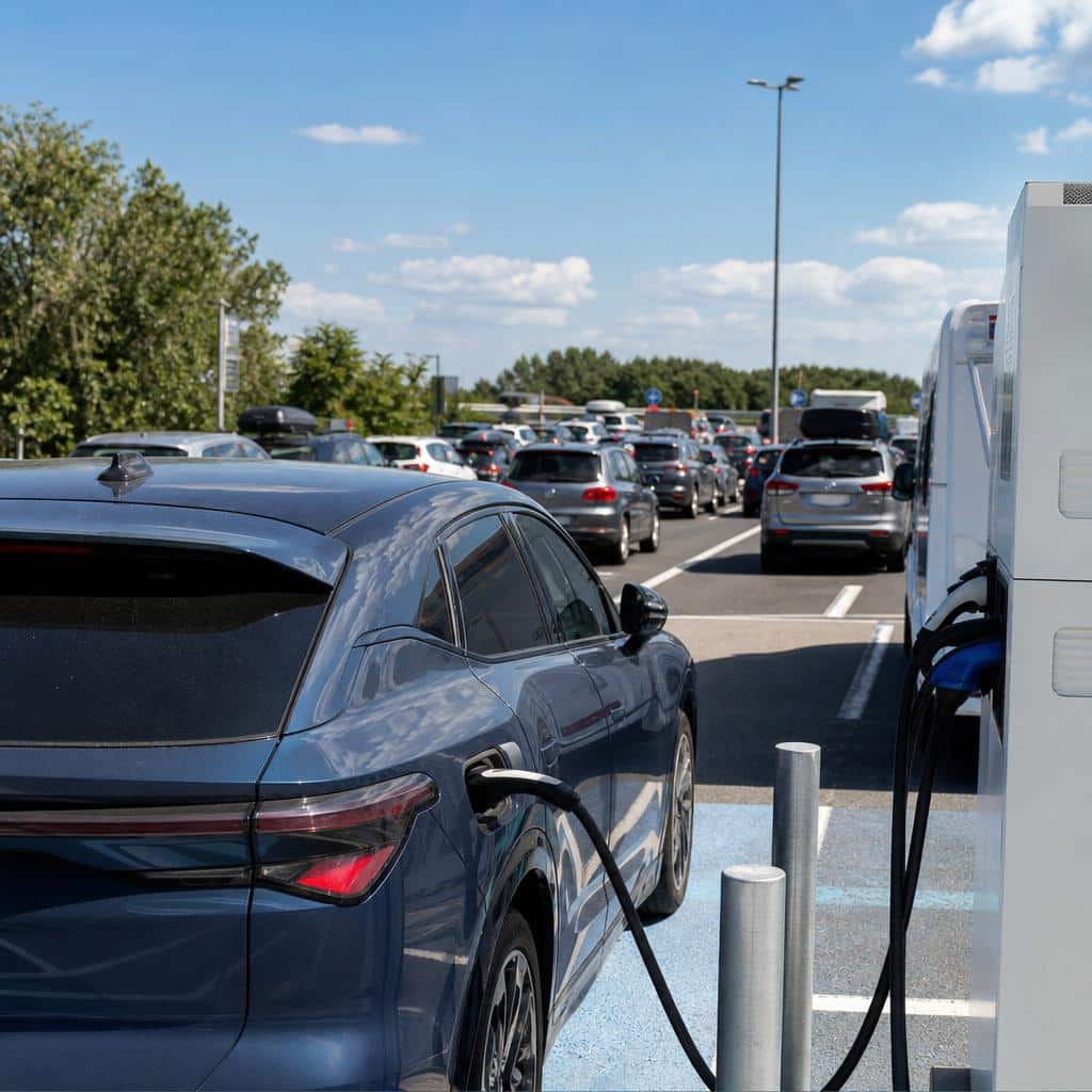 Voiture électrique en recharge sur une aire d’autoroute estivale avec circulation dense en arrière-plan