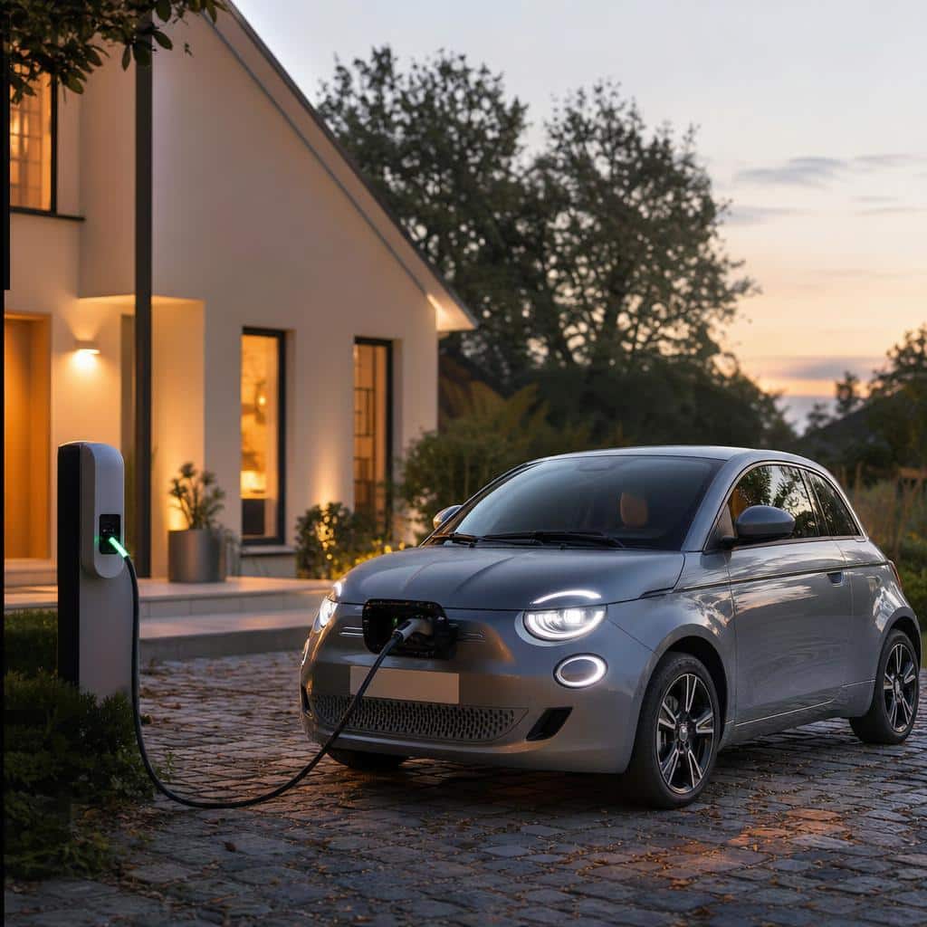 Voiture électrique compacte branchée à une borne à domicile, ambiance de maison individuelle