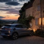 Voiture électrique en recharge devant une maison de campagne au crépuscule