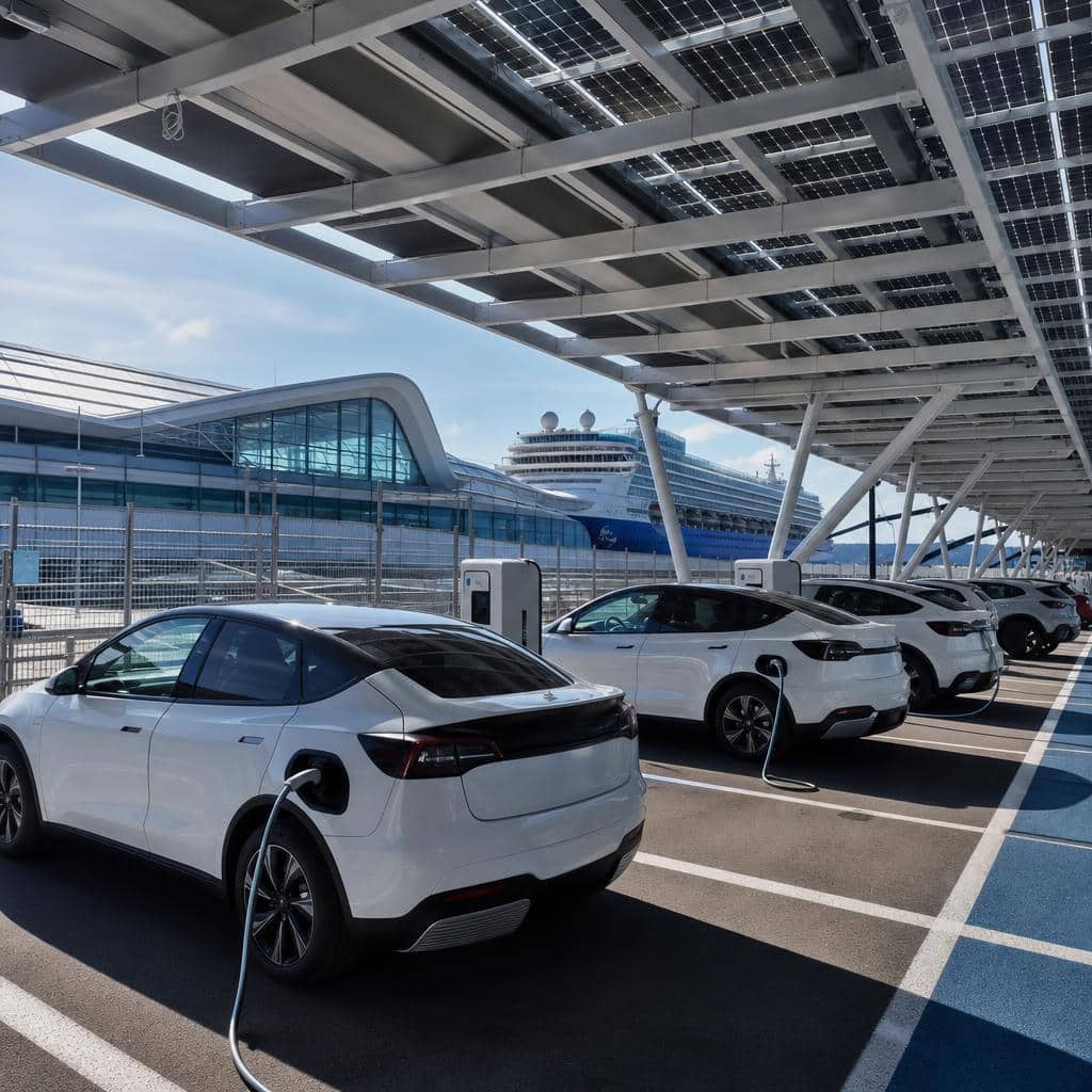 Parking solaire avec voitures électriques stationnées près d’un quai maritime
