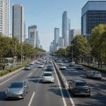 Circulation urbaine avec plusieurs voitures électriques dans une grande ville