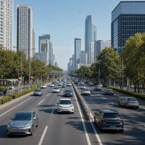 Circulation urbaine avec plusieurs voitures électriques dans une grande ville