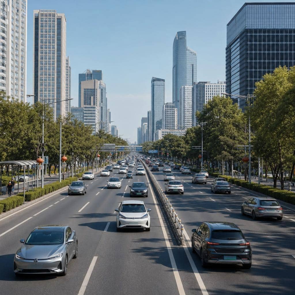 Circulation urbaine avec plusieurs voitures électriques dans une grande ville