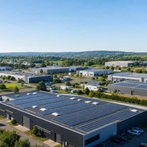 Toitures d'une zone d'activité avec panneaux solaires et bâtiments en arrière-plan