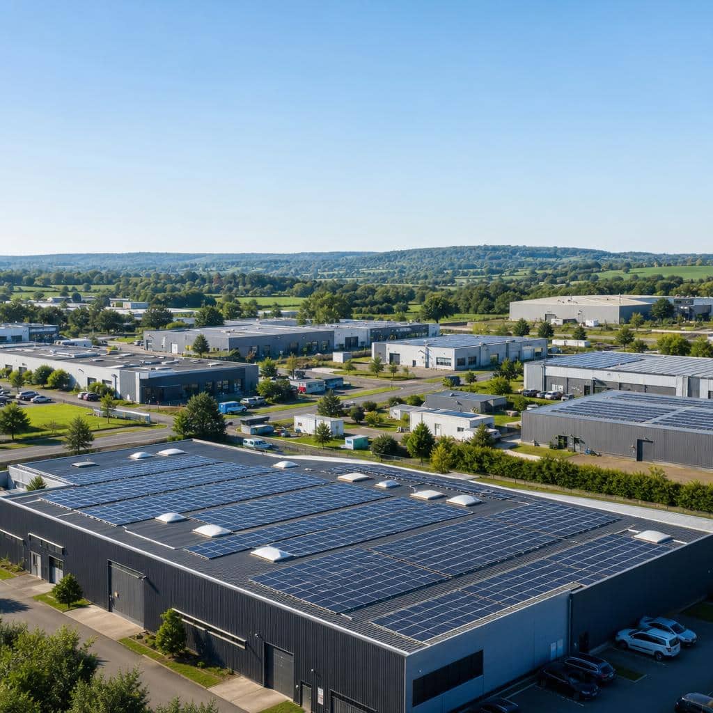 Toitures d'une zone d'activité avec panneaux solaires et bâtiments en arrière-plan