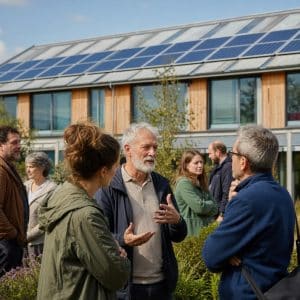 Habitants réunis près d'un bâtiment équipé de panneaux solaires dans un quartier résidentiel