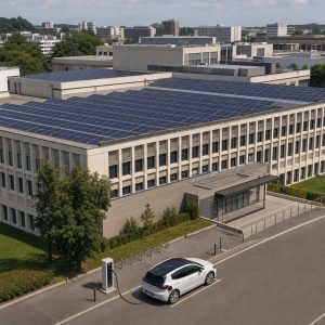 Grand toit équipé de panneaux solaires sur un bâtiment public en ville
