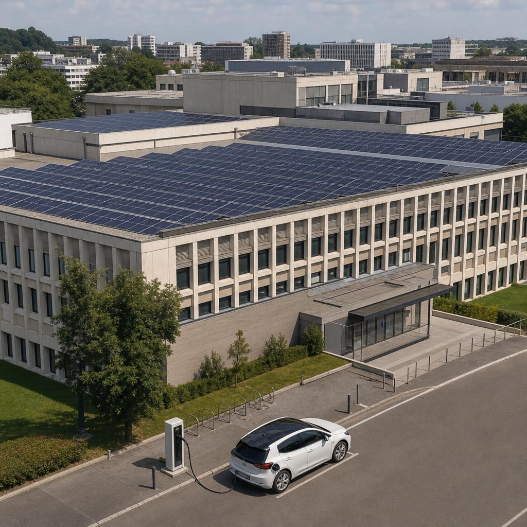 Grand toit équipé de panneaux solaires sur un bâtiment public en ville