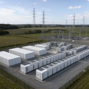 Grand site de batteries conteneurisées relié au réseau électrique dans une plaine européenne