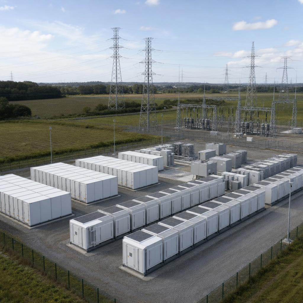 Grand site de batteries conteneurisées relié au réseau électrique dans une plaine européenne