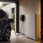 Batterie domestique moderne reliée à une borne de recharge dans un garage résidentiel