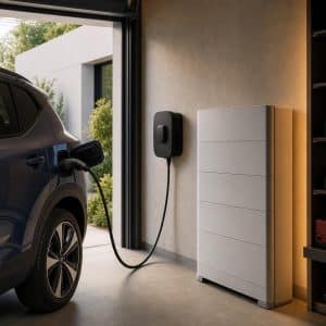 Batterie domestique moderne reliée à une borne de recharge dans un garage résidentiel