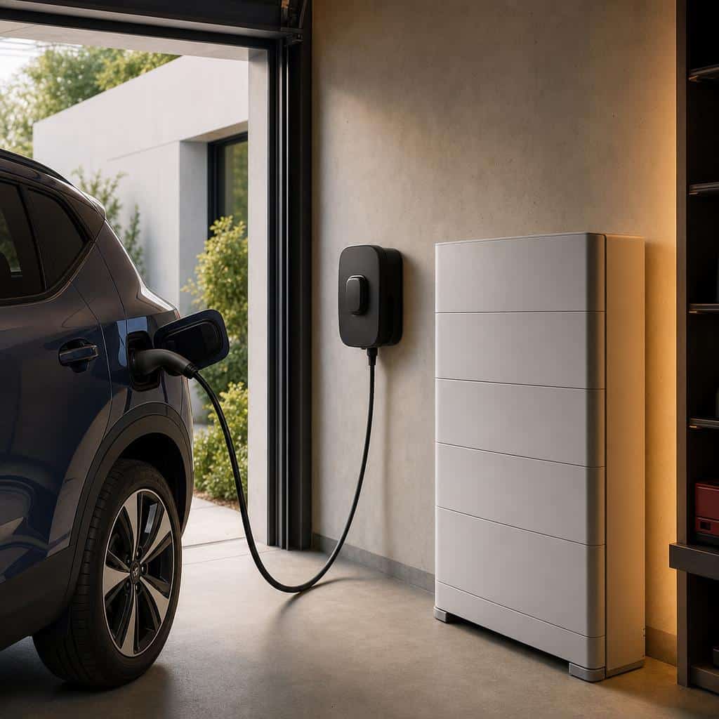 Batterie domestique moderne reliée à une borne de recharge dans un garage résidentiel